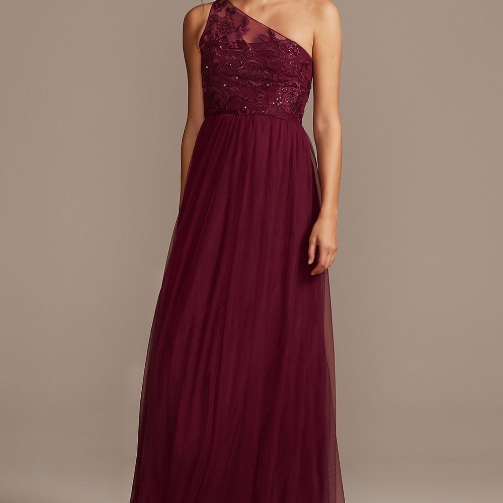 Wine colored David’s Bridal bridesmaid “Wish” dress